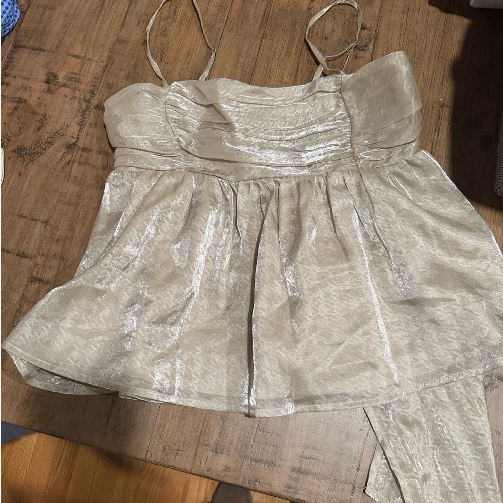 Elegant Champagne Shimmer Spaghetti strap/ Sleeveless Top w/ houndstooth detail